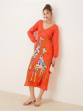 Never Fully Dressed Orange Maxi Dress with Yellow & Blue Giraffe Print